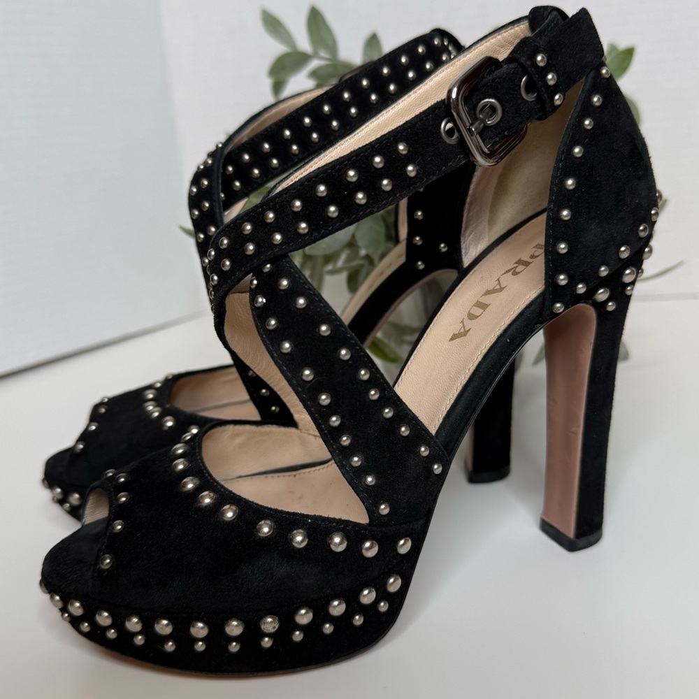 Prada Black Suede Studded Cross Strap Platform Pumps Size 35 Luxury Italian Glam - Picture 4 of 17
